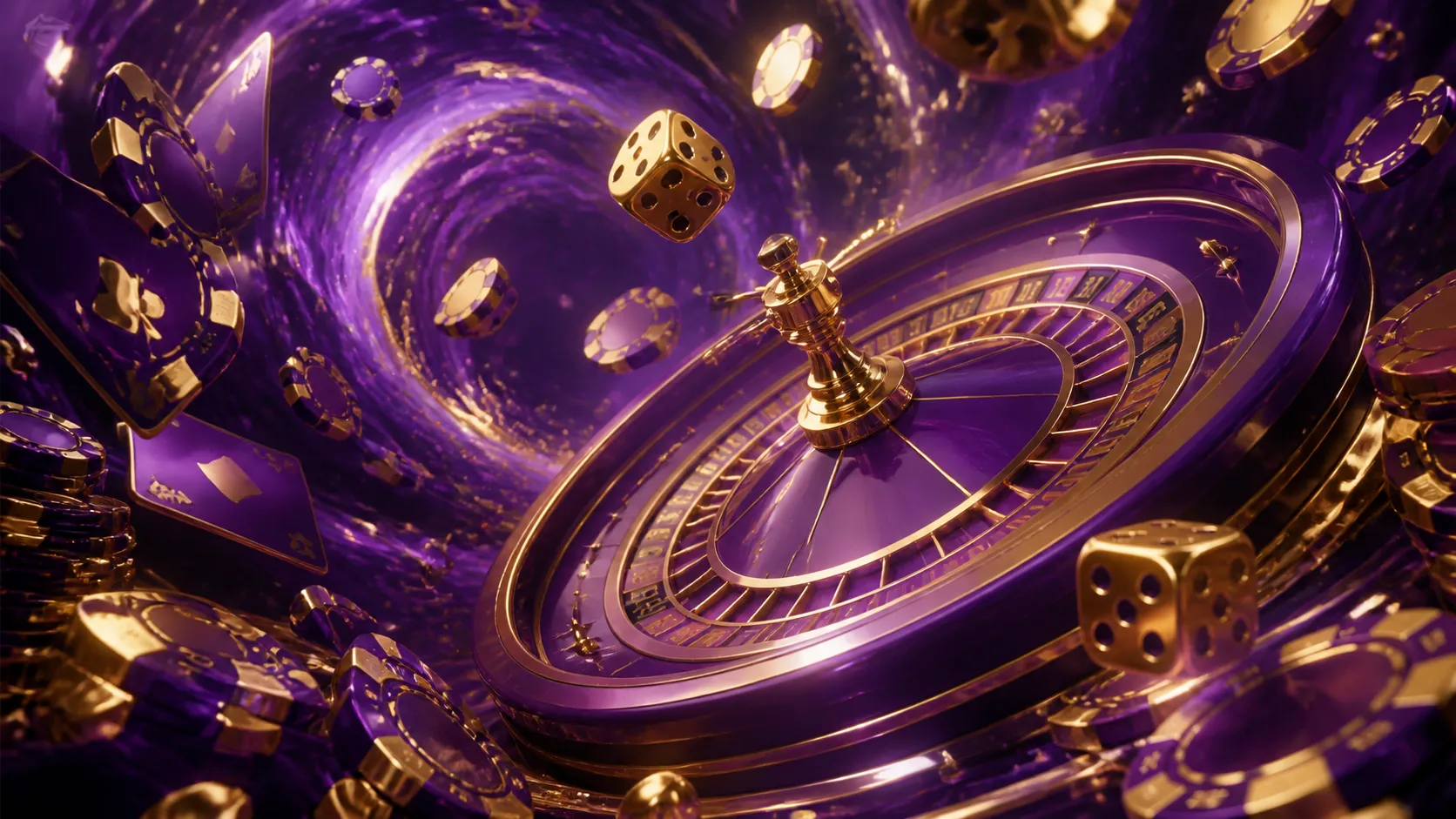 Glossy isometric casino scene with floating poker chips, golden roulette wheel, and neon lights, conveying luxury and excitem