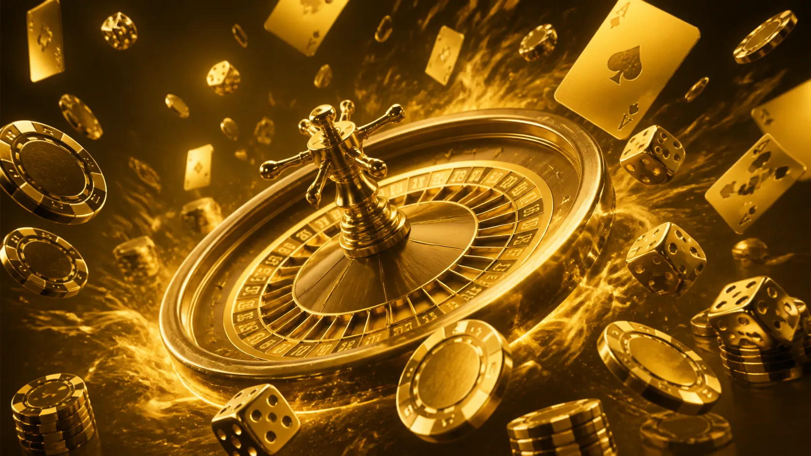 Stunning luxury casino-themed banner featuring vibrant poker chips, floating cards, and glowing dice on a dramatic dark backg